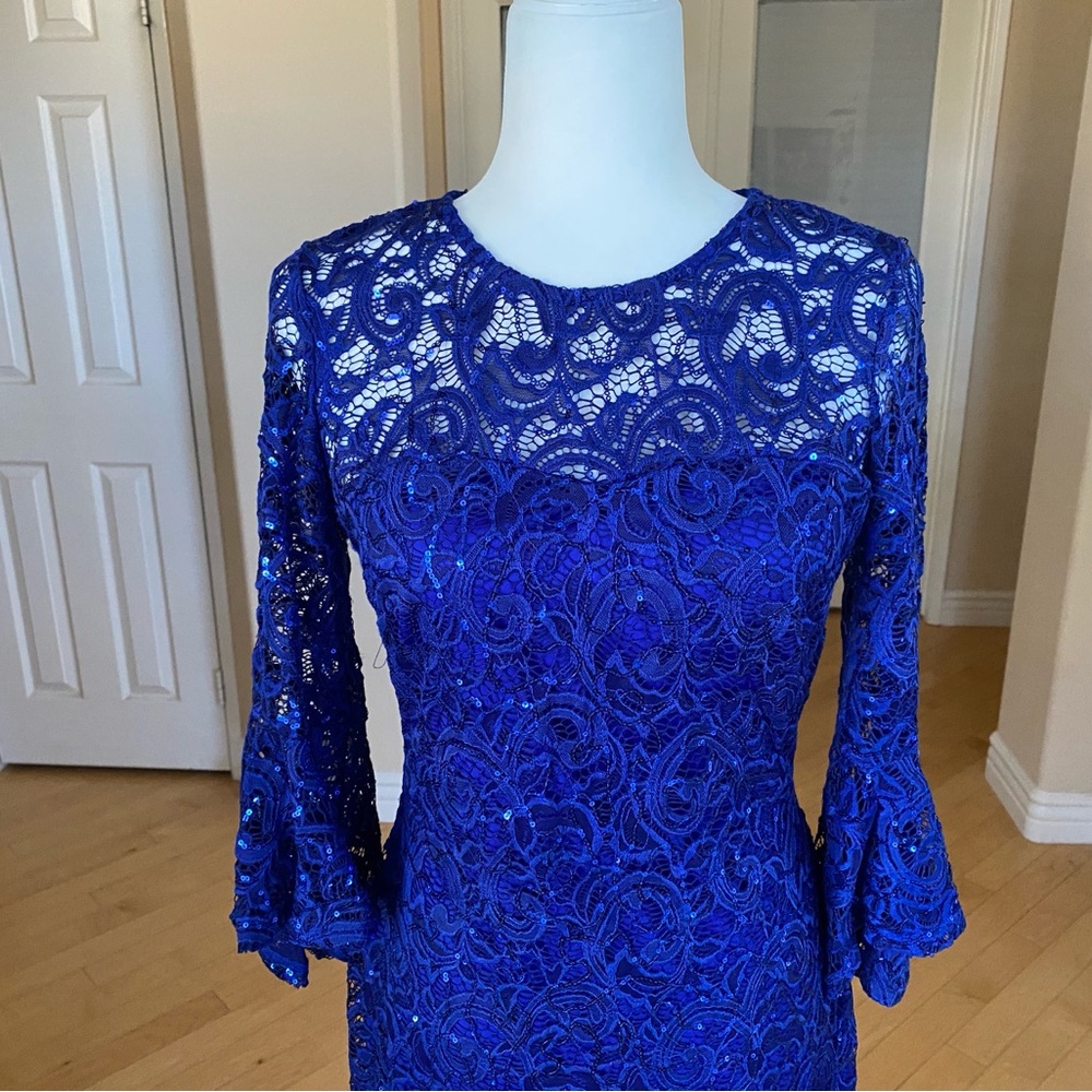Sequined Royal Blue Stretch Lace Dress - Picture 7 of 8